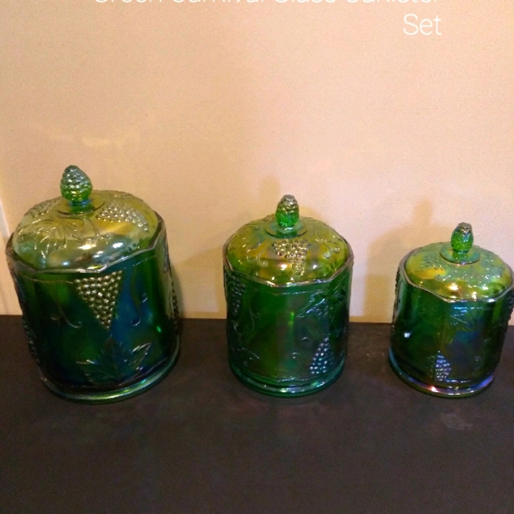 Vintage Green Carnival Glass Canister Set